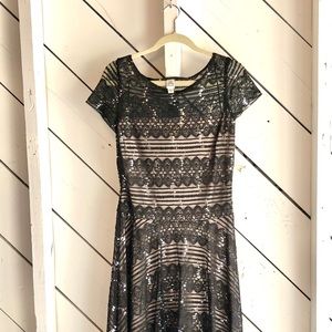 Tea-Length Lace + Sequin Dress with Short Sleeves